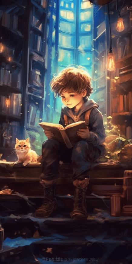 Paws in Pages: An Enchanting Child Reading in a Flooded Library with a Content Cat