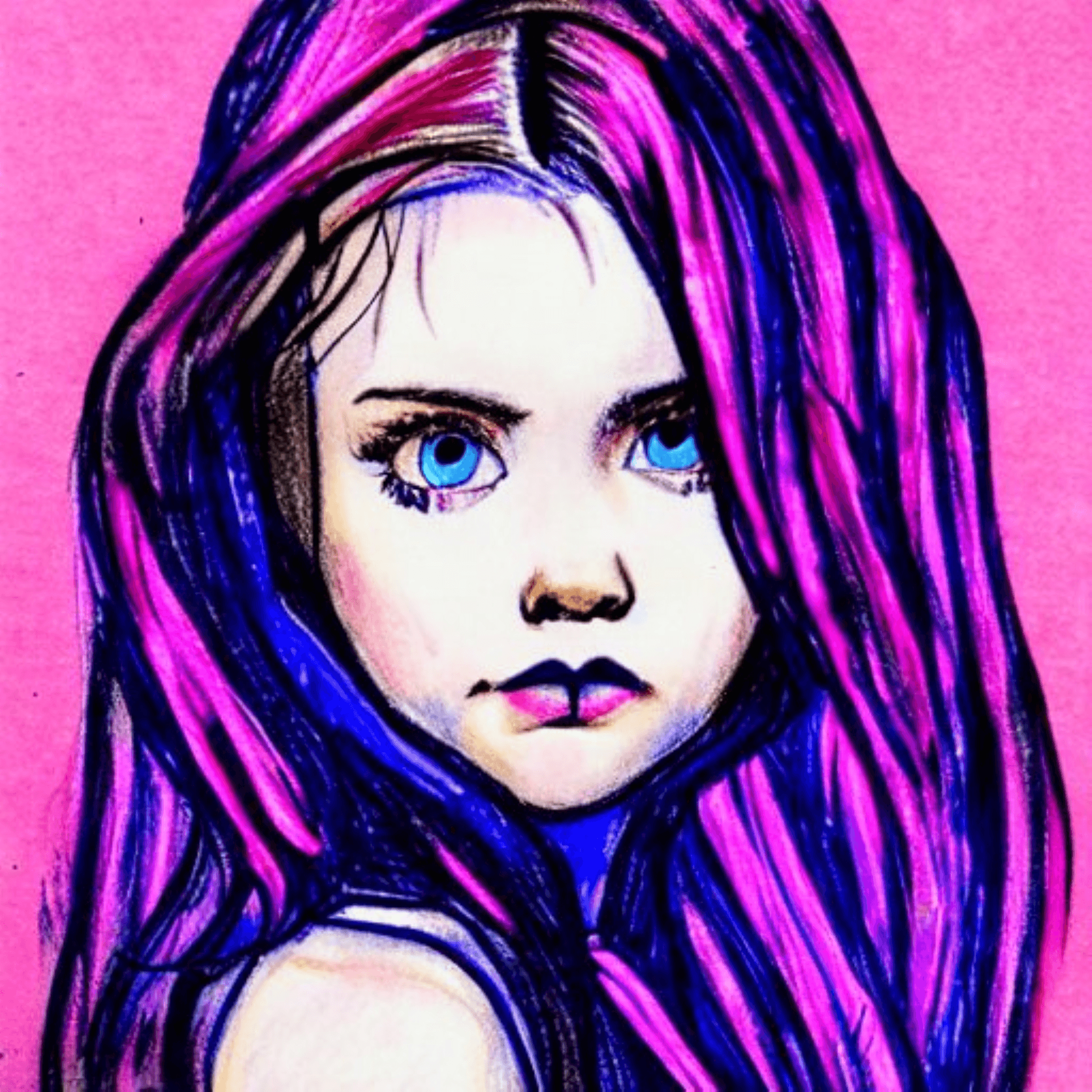 ART GALLERY - Art Drawing of a Young Girl Blue Eyes and Pink Hair