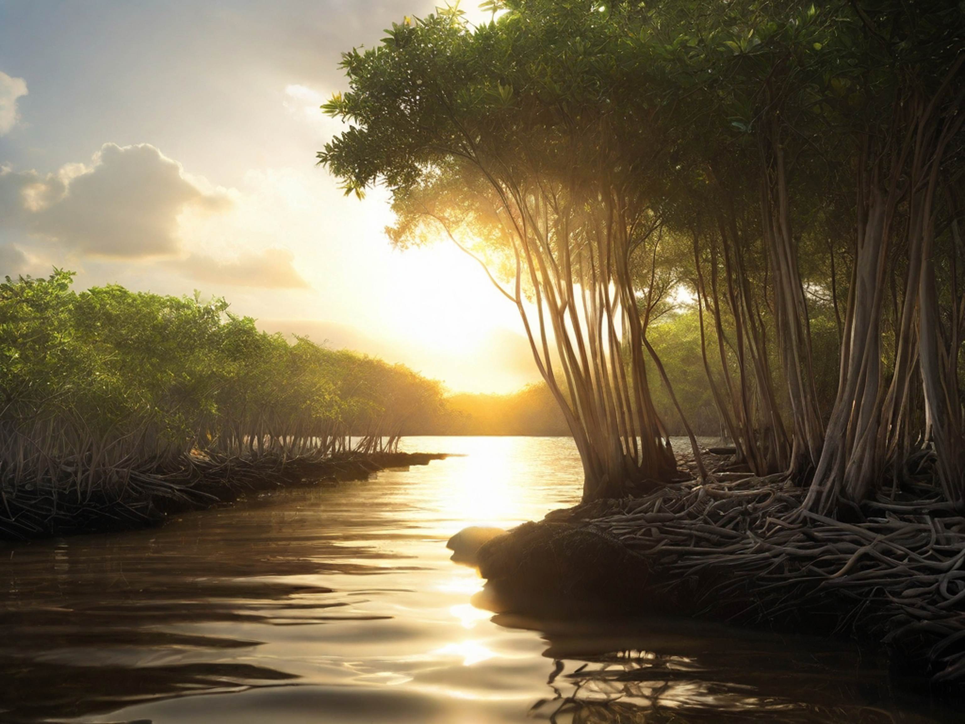 Nature's Detail: Sunrise Over Water and Mangrove