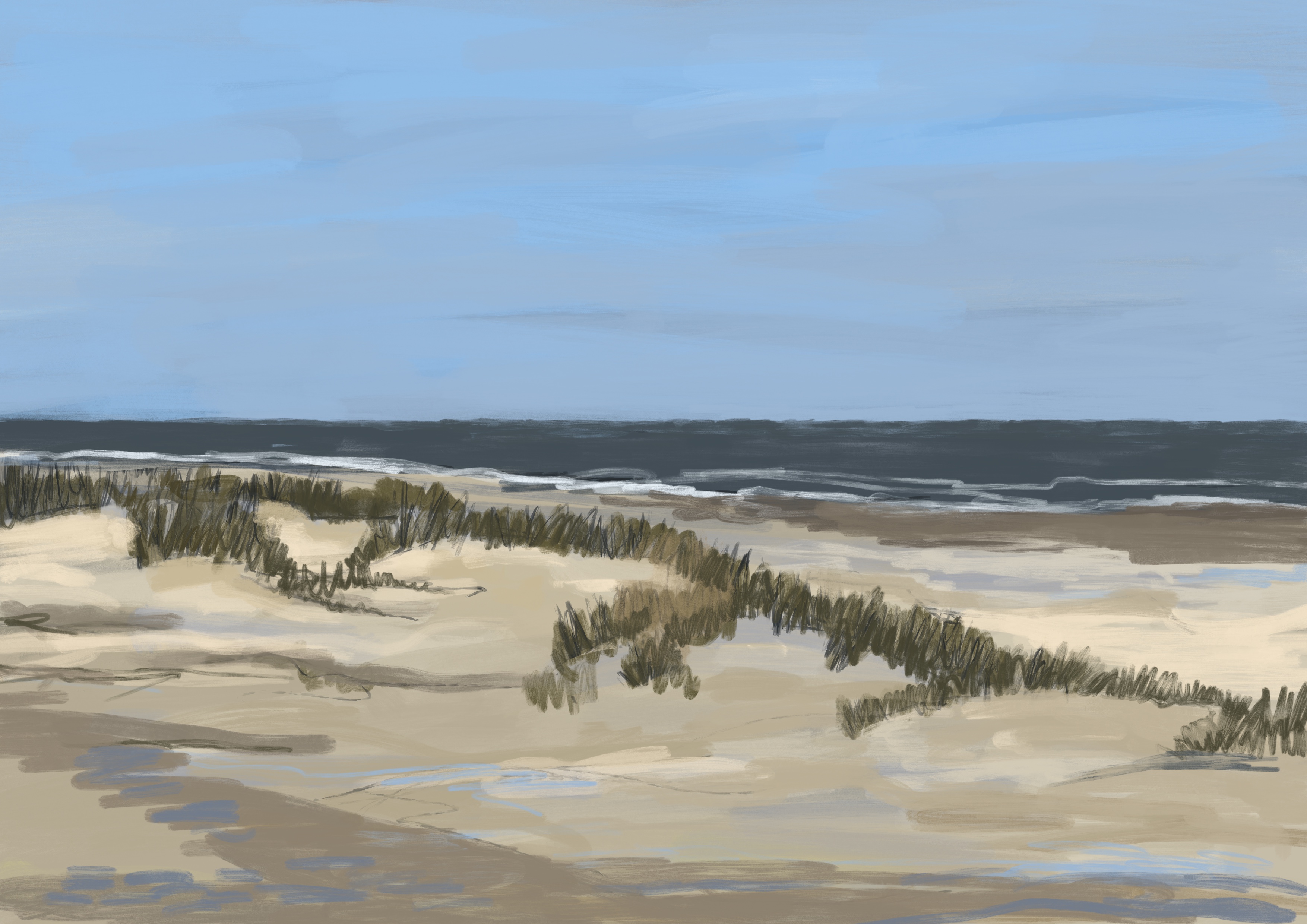 view on beach and dunes of Renesse (wet acrylic)