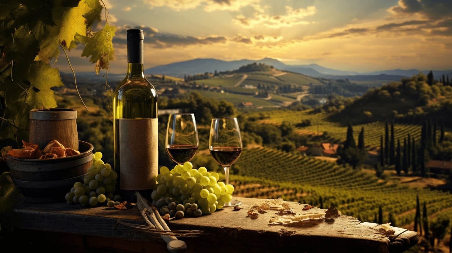 A Bottle of Wine in a Vineyard at Sunset