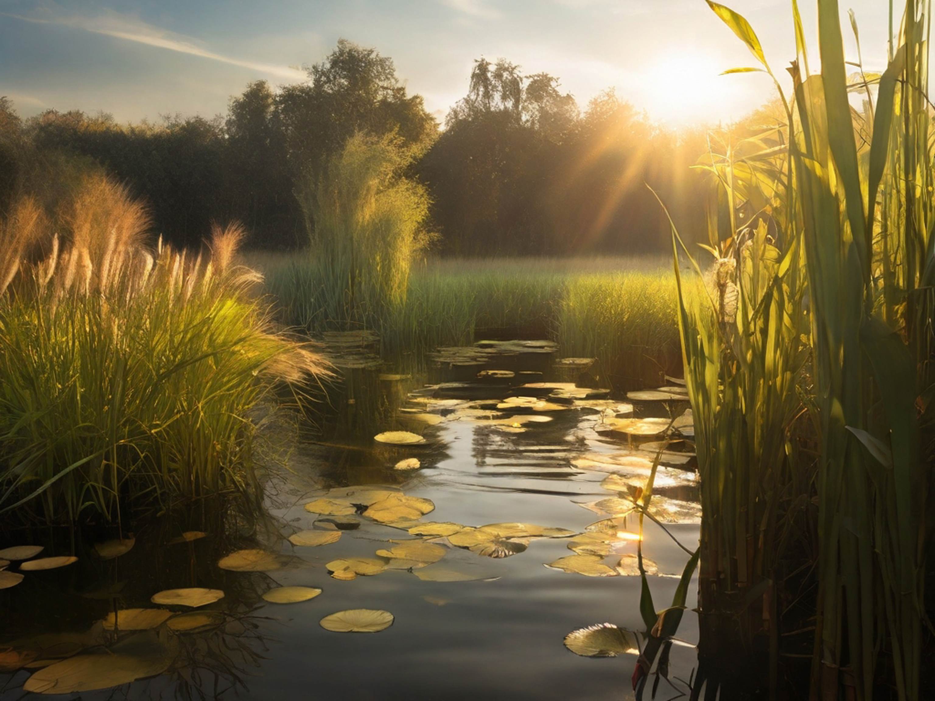 Nature's Detail: Sunbeams Illuminating the Pond's Wildlife