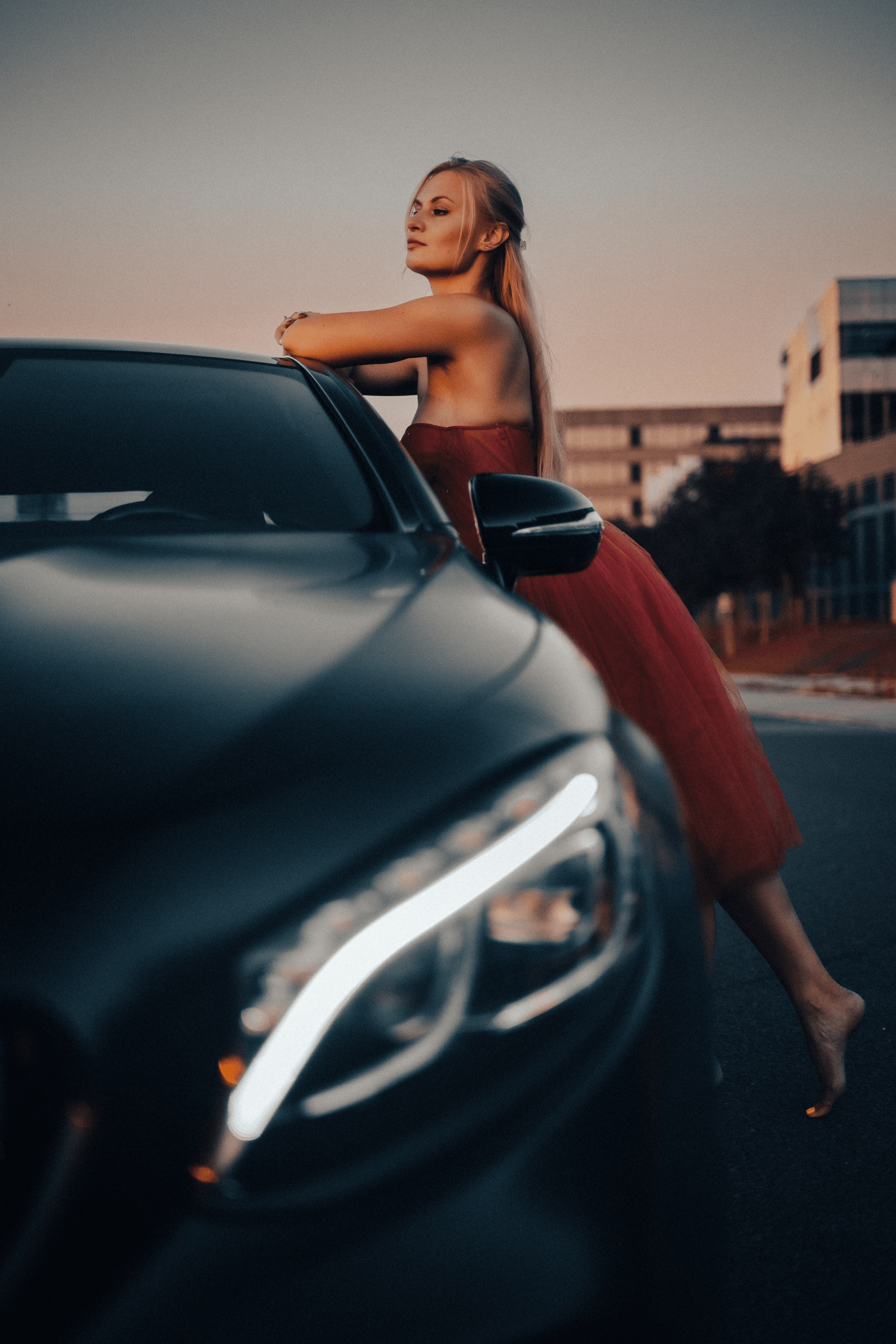 Evening Light in a Red Dress with Mercedes S Class