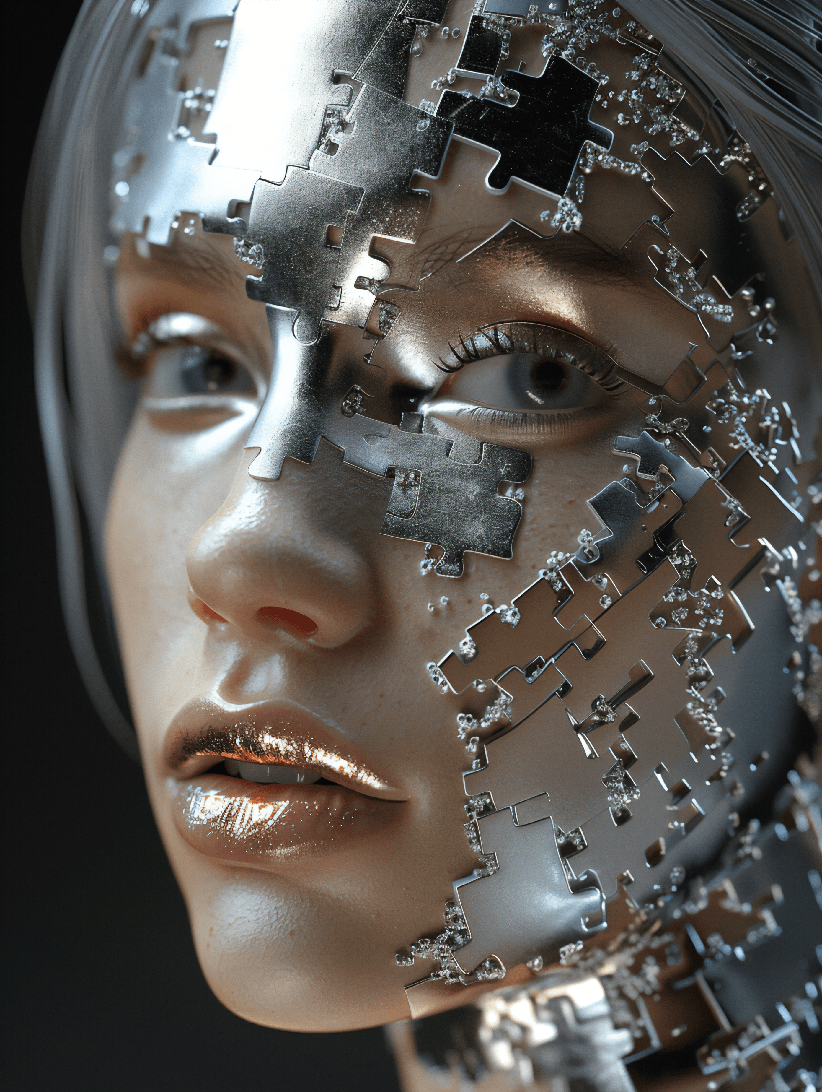 Woman's face with silver puzzle pieces.