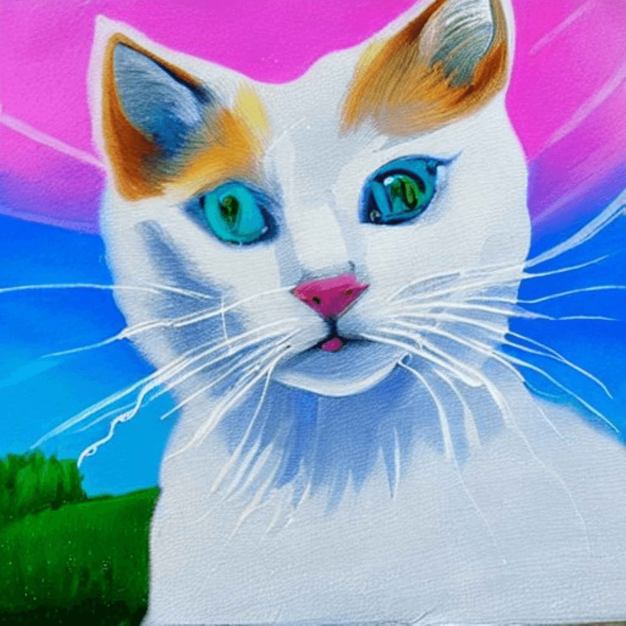 Art Acrylic Painting of a White Cat with Blue Eyes