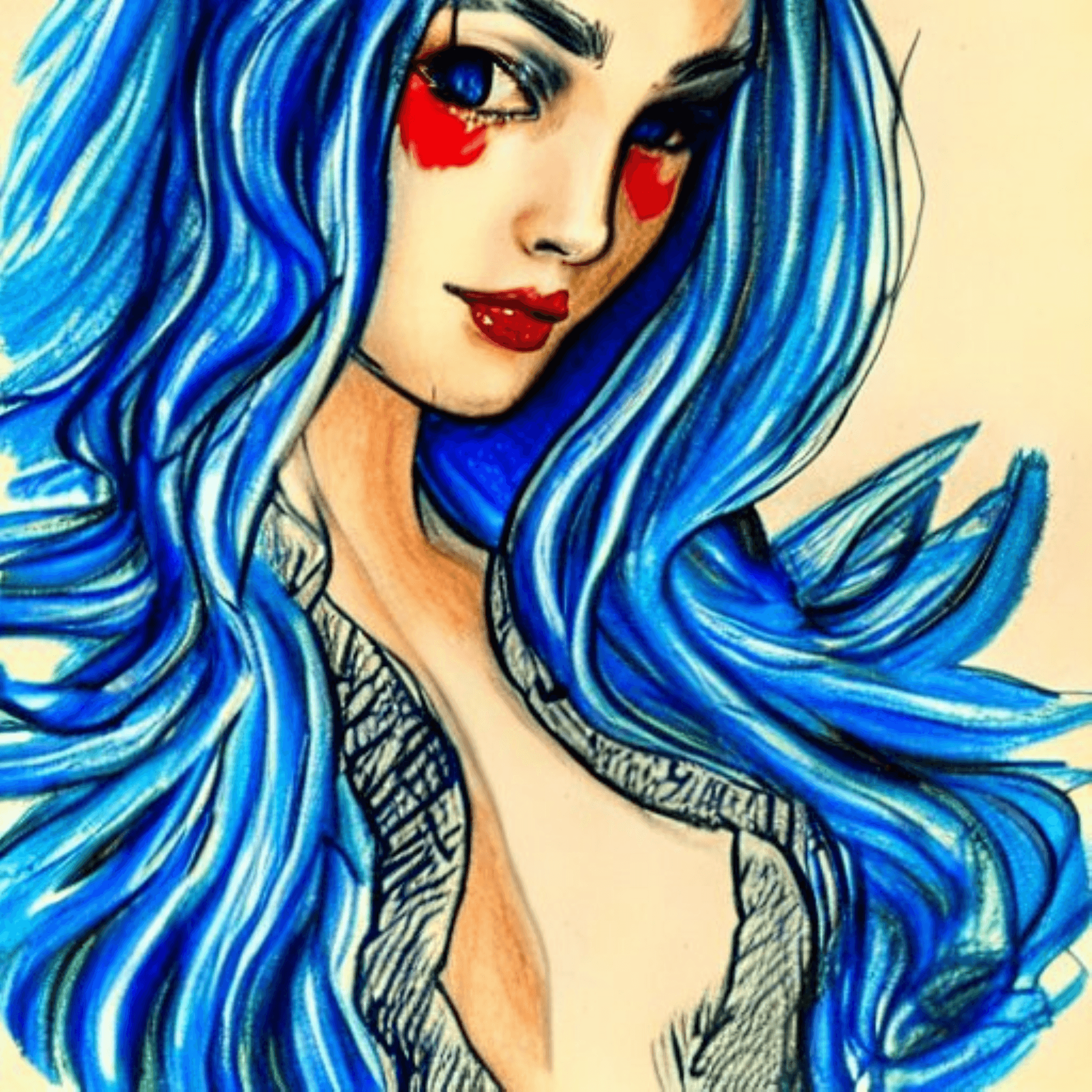 Art Drawing of a Woman with Blue Eyes and Blue Hair