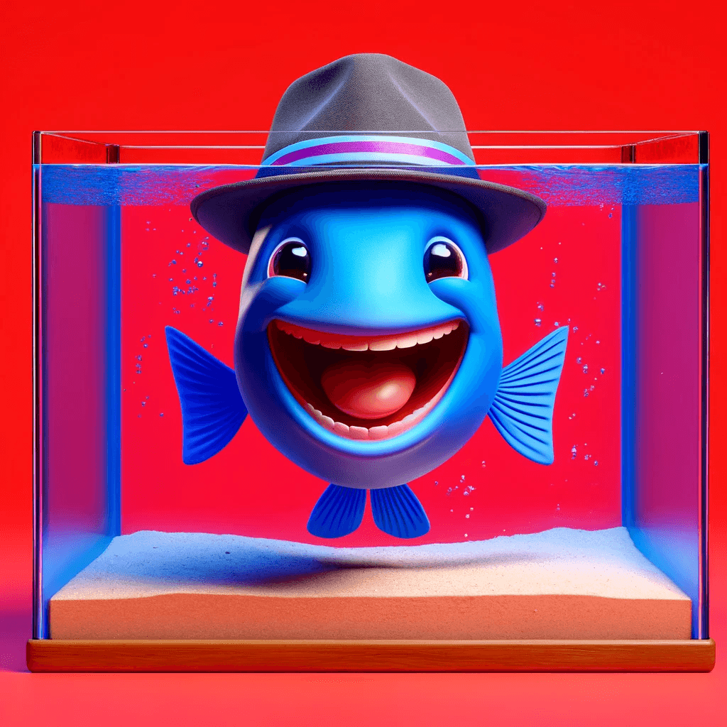 DALL·E 2024-04-23 10.34.15 - Create a 3D render of a joyful tropical fish in an aquarium, with the fish exhibiting a vibrant blue color and an exuberant smile. The fish is wearing