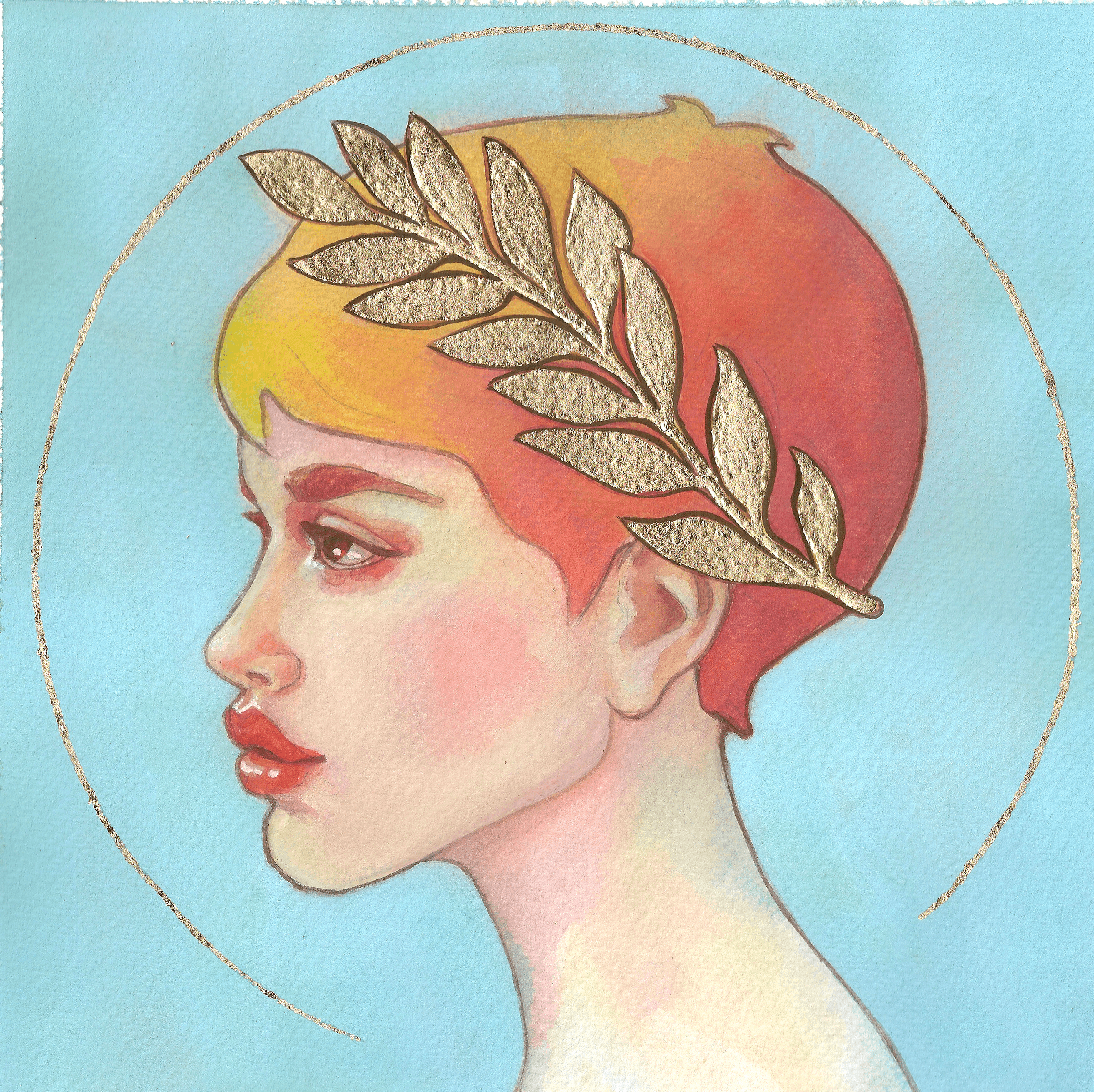 Girl with gold laurel leaf crown