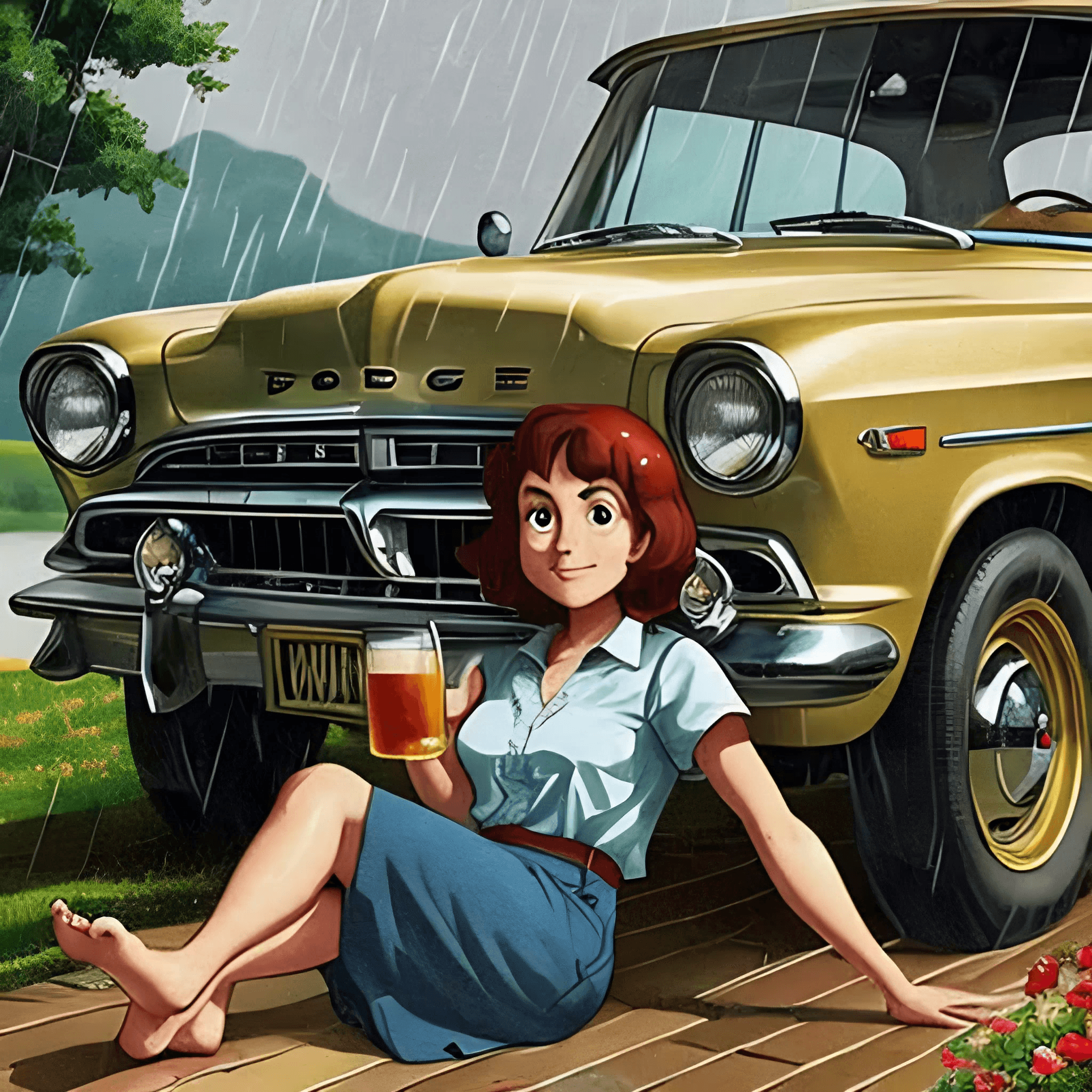 "Barefoot girl sitting on the hood of a Dodge. Drinking warm beer in the soft summer rain"