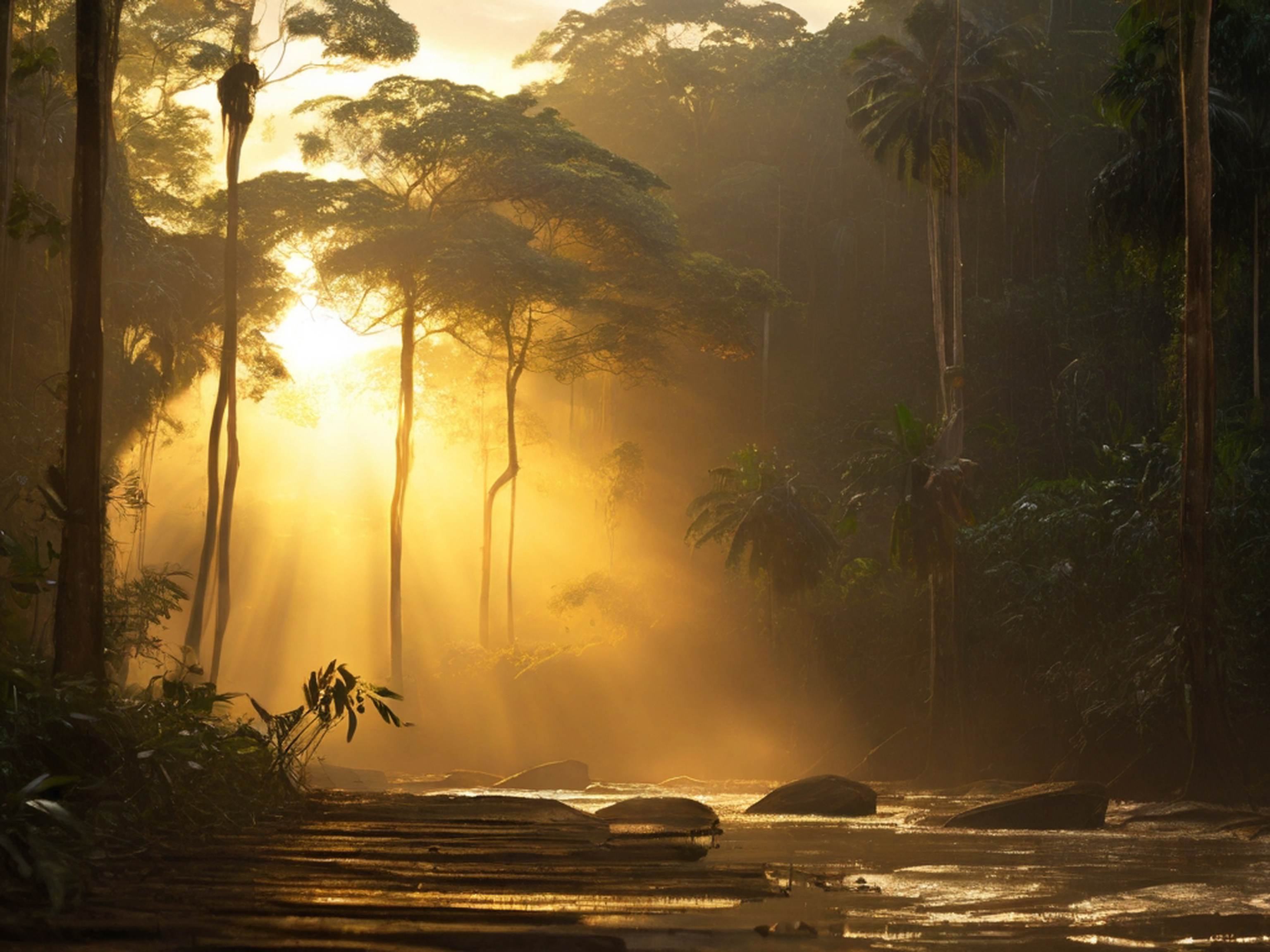 Nature's Detail: Sunbeams Piercing the Amazon Rainforest