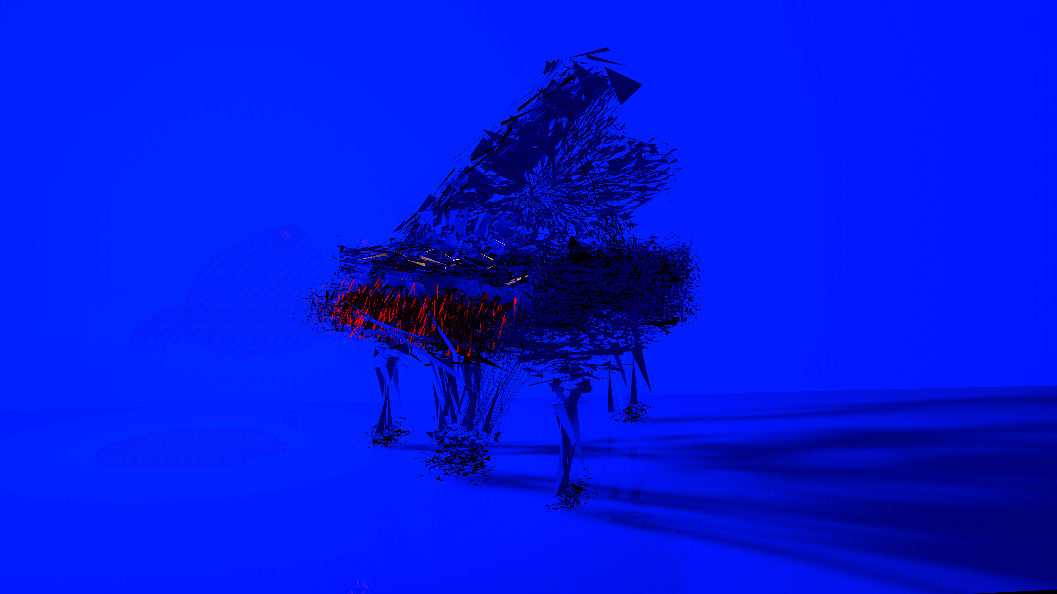 Shattered blue piano with red keys