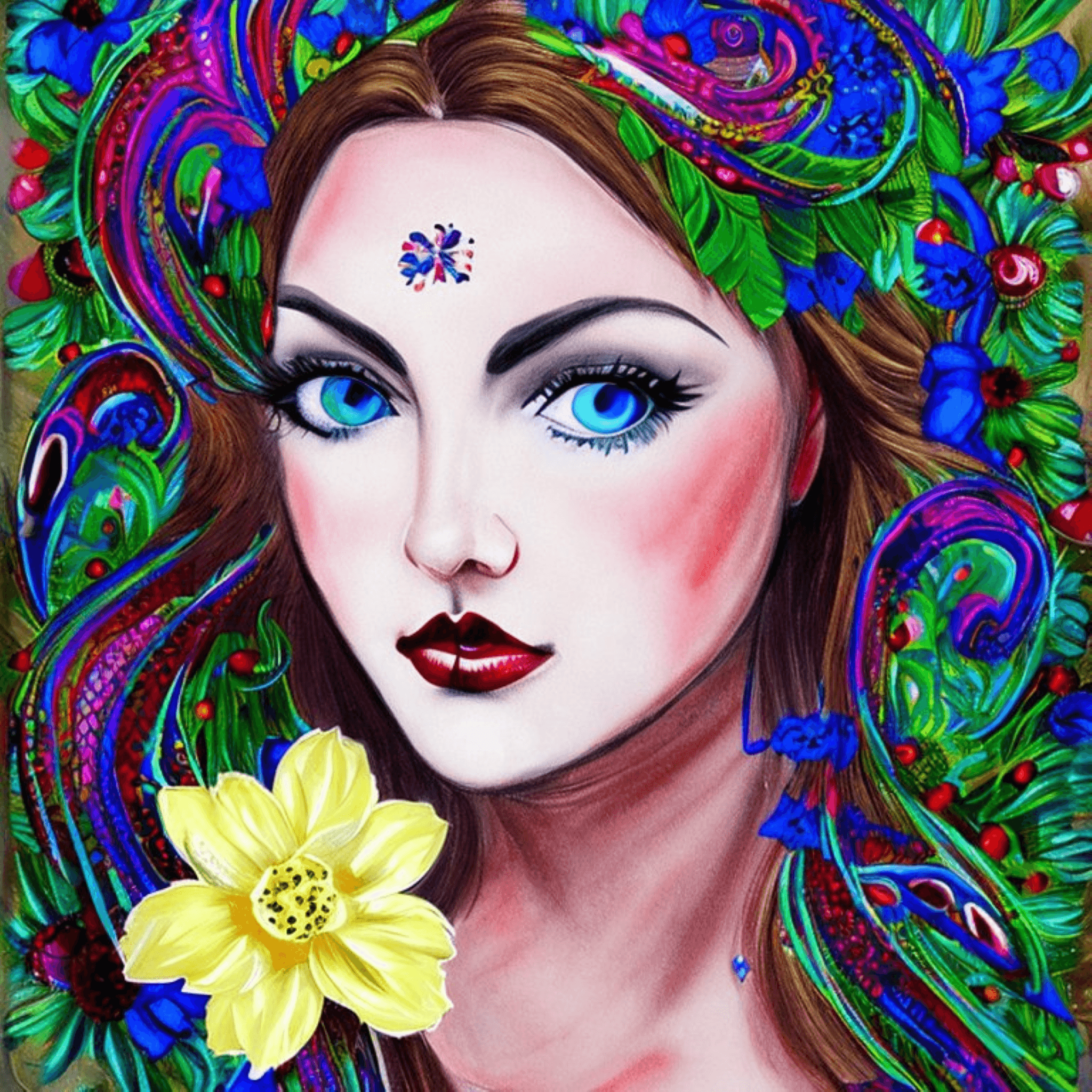 Art Acrylic Painting of a Woman with Blue Eyes and Roses